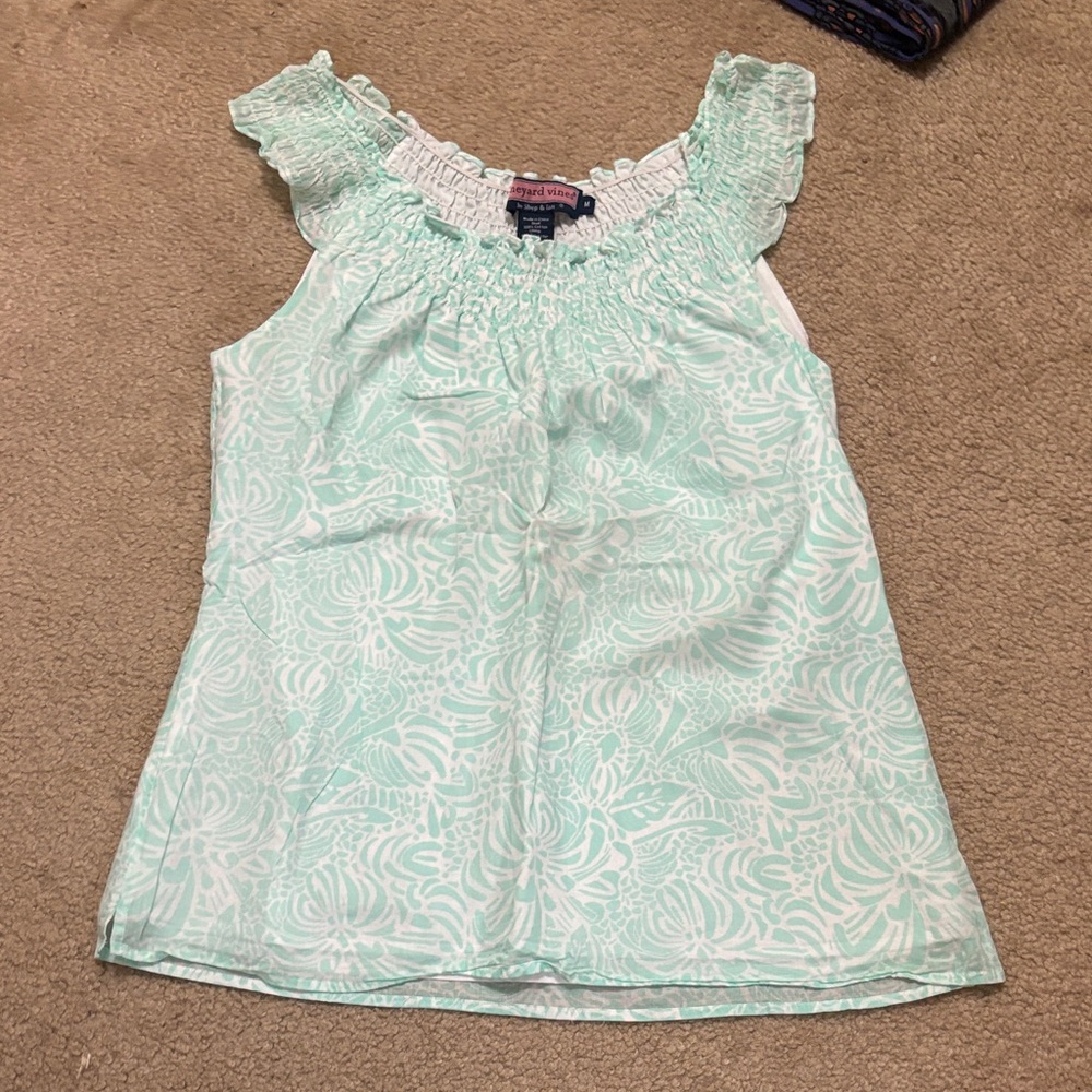 Vineyard Vines Mint Green & White Floral Smocked Cap-Sleeve Top
